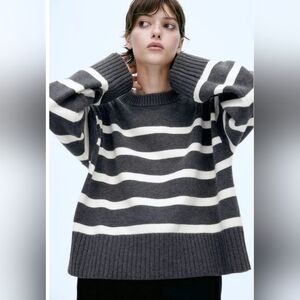 H&M Charcoal Grey Striped Fine-Knit Crewneck Sweater Parisian Chic Minimalist